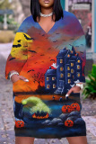 Halloween Costume Pumpkin Cat Print V Neck Long Sleeve Loose Pockets Midi T Shirt Dress