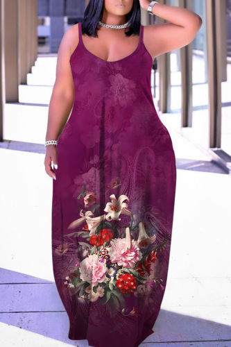 Graphcis Print Sleeveless Backless Spaghetti Strap Floor Length Vacation Baggy Sundress Slip Maxi Dress