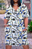 Casual Graphics Print Basic V Neck Short Sleeve Loose Pockets Midi T-Shirt Dress