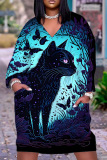 Halloween Costume Pumpkin Cat Print V Neck Long Sleeve Loose Pockets Midi T Shirt Dress
