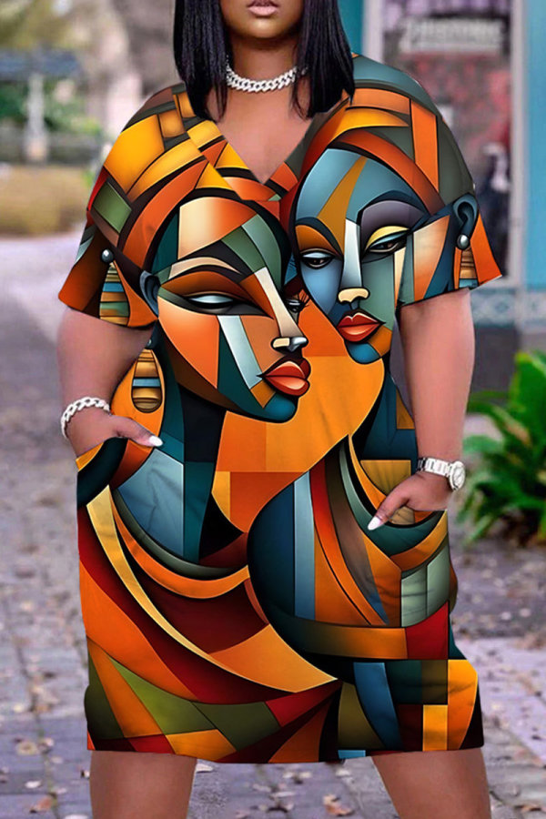 Casual Figure Print Basic V Neck Short Sleeve Loose Pockets Midi T-Shirt Dress