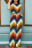 Geometry Print O Neck Short Sleeve Pocket Crop Tops And Wide Leg Pants Vacation Two Pieces Trouser Sets