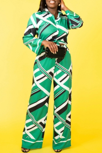 Casual Geometry Print Turndown Collar Long Sleeve Belted Front Tie Blouse And Wide Leg Pants Vacation Two Pieces Trouser Sets