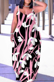 Graphcis Print Sleeveless Backless Spaghetti Strap Floor Length Vacation Baggy Sundress Slip Maxi Dress
