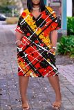 Casual Graphics Print Basic V Neck Short Sleeve Loose Pockets Midi T-Shirt Dress