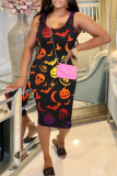 Halloween Skull Pumpkin Print U Neck Sleeveless Bodycon Cosplay Party Midi Tank Dress