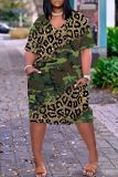 Casual Graphics Print Basic V Neck Short Sleeve Loose Pockets Midi T-Shirt Dress