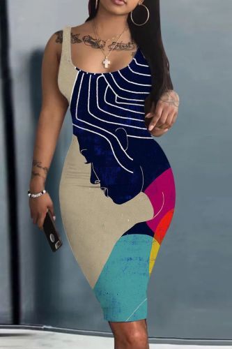 Casual Graphics Print U Neck Sleeveless Vacation Bodycon Midi Tank Dress
