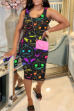 Halloween Skull Pumpkin Print U Neck Sleeveless Bodycon Cosplay Party Midi Tank Dress