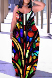 Graphcis Print Sleeveless Backless Spaghetti Strap Floor Length Vacation Baggy Sundress Slip Maxi Dress