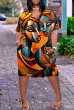 Casual Figure Print Basic V Neck Short Sleeve Loose Pockets Midi T-Shirt Dress