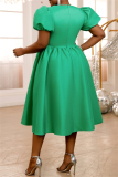 Formal V Neck Hubble-Bubble Sleeve Cinch Waist Hollow Out Cinch Waist Party Evening A Line Midi Dress