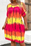 Casual Ombre Print O Neck Short Sleeve Hollow Out Plus Size Mini T-shirt Dresses