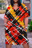 Casual Graphics Print Basic V Neck Short Sleeve Loose Pockets Midi T-Shirt Dress