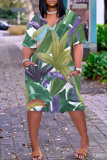 Casual Tropical Print Basic V Neck Short Sleeve Loose Pockets Midi T-Shirt Dress