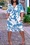 Casual Tropical Print Basic V Neck Short Sleeve Loose Pockets Midi T-Shirt Dress