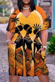 Casual Figure Print Basic V Neck Short Sleeve Loose Pockets Midi T-Shirt Dress