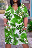 Casual Tropical Print Basic V Neck Short Sleeve Loose Pockets Midi T-Shirt Dress