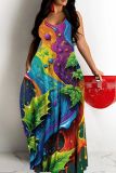 Graphcis Print Backless Spaghetti Strap Floor Length Vacation Baggy Sundress Slip Maxi Dress