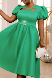 Formal V Neck Hubble-Bubble Sleeve Cinch Waist Hollow Out Cinch Waist Party Evening A Line Midi Dress