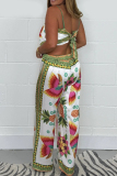 Boho Flowers Print Sleeveless Backless Square Neck Irregular Hem Cami Tops And Wide Leg Pants Vacation Two Pieces Trouser Sets