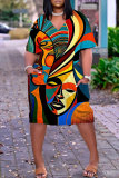 Casual Figure Print Basic V Neck Short Sleeve Loose Pockets Midi T-Shirt Dress