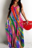 Graphcis Print Backless Spaghetti Strap Floor Length Vacation Baggy Sundress Slip Maxi Dress