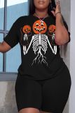 Halloween Skull Pumpkin Print O Neck Short Sleeve Oversize T Shirt And Shorts Two Pieces Shorts Sets