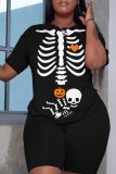 Halloween Skull Pumpkin Print O Neck Short Sleeve Oversize T Shirt And Shorts Two Pieces Shorts Sets