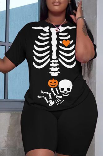 Halloween Skull Pumpkin Print O Neck Short Sleeve Oversize T Shirt And Shorts Two Pieces Shorts Sets