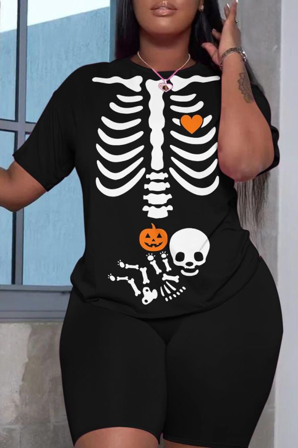 Halloween Skull Pumpkin Print O Neck Short Sleeve Oversize T Shirt And Shorts Two Pieces Shorts Sets