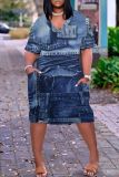 Casual Graphics Print Basic V Neck Short Sleeve Baggy T-shirt Midi Dress