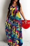 Graphcis Print Backless Spaghetti Strap Floor Length Vacation Baggy Sundress Slip Maxi Dress