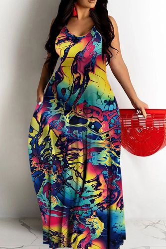 Graphcis Print Backless Spaghetti Strap Floor Length Vacation Baggy Sundress Slip Maxi Dress