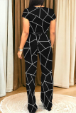 Geometry Print O Neck Short Sleeve Pocket Crop Tops And Wide Leg Pants Vacation Two Pieces Trouser Sets