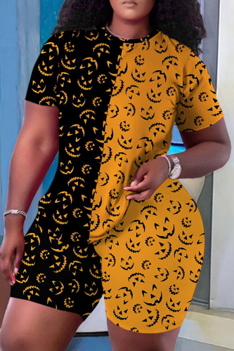 Halloween Pumpkin Cat Print O Neck Short Sleeve Oversize T-Shirt And Shorts Two Pieces Shorts Sets
