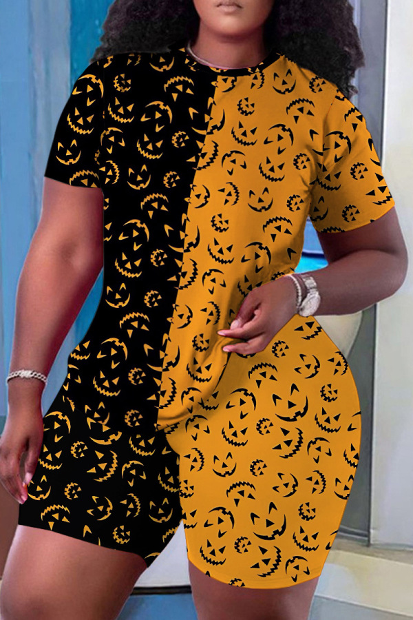 Halloween Pumpkin Cat Print O Neck Short Sleeve Oversize T-Shirt And Shorts Two Pieces Shorts Sets
