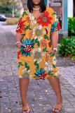 Casual Tropical Print Basic V Neck Short Sleeve Loose Pockets Midi T-Shirt Dress