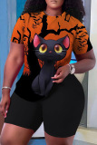 Halloween Pumpkin Cat Print O Neck Short Sleeve Oversize T-Shirt And Shorts Two Pieces Shorts Sets