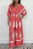 Casual Boho Floral Print V Neck Batwing Sleeve Cinch Waist Loose Vacation Wide Leg Jumpsuits