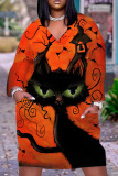 Halloween Costume Pumpkin Cat Print V Neck Long Sleeve Loose Pockets Midi T Shirt Dress