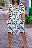 Casual Graphics Print Basic V Neck Short Sleeve Loose Pockets Midi T-Shirt Dress