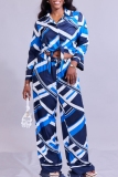 Casual Geometry Print Turndown Collar Long Sleeve Belted Front Tie Blouse And Wide Leg Pants Vacation Two Pieces Trouser Sets