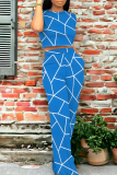 Geometry Print O Neck Short Sleeve Pocket Crop Tops And Wide Leg Pants Vacation Two Pieces Trouser Sets