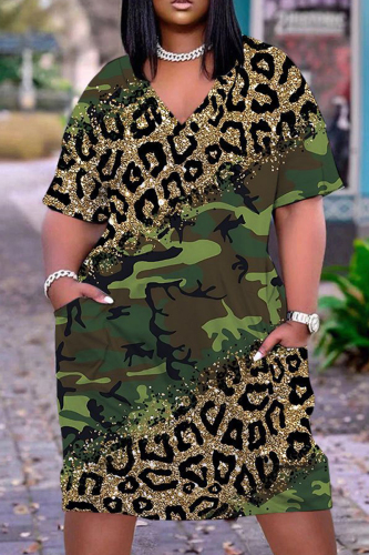 Casual Graphics Print Basic V Neck Short Sleeve Loose Pockets Midi T-Shirt Dress