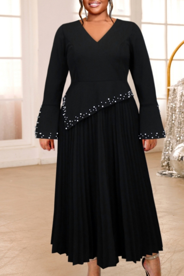 Formal Beading O Neck Flare Sleeve Formal Party Evening Pleated Maxi Dress