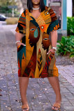Casual Figure Print Basic V Neck Short Sleeve Loose Pockets Midi T-Shirt Dress