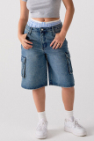 Casual Gradient Pocket Buttons Loose Oversize Straight Distressed Denim Shorts