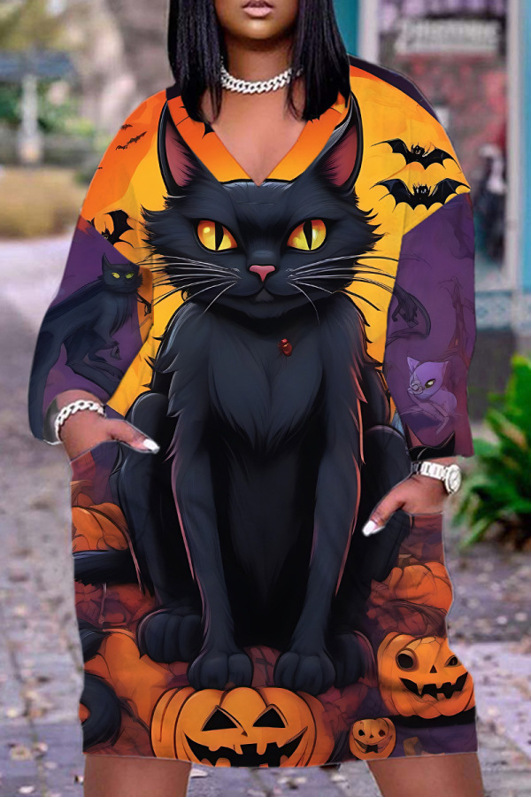 Halloween Costume Pumpkin Cat Print V Neck Long Sleeve Loose Pockets Midi T Shirt Dress