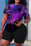 Halloween Pumpkin Cat Print O Neck Short Sleeve Oversize T-Shirt And Shorts Two Pieces Shorts Sets